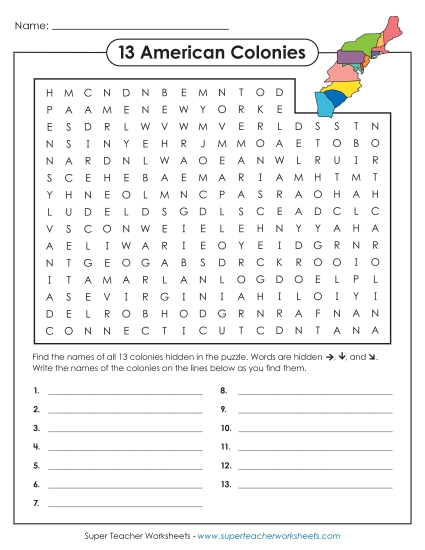 13 Colonies Word Search - Word Search Puzzle: Colonial America Theme (Printable PDF Worksheet)