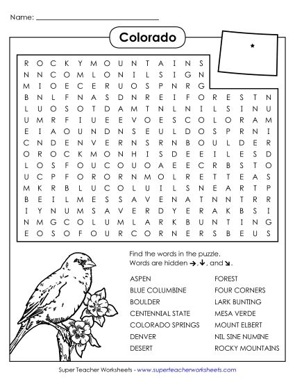 Puzzles - Word Search Puzzle: Colorado (Printable PDF Worksheet)