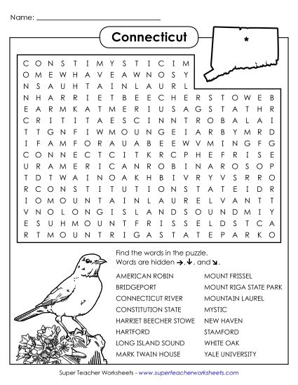Puzzles - Word Search Puzzle: Connecticut (Printable PDF Worksheet)