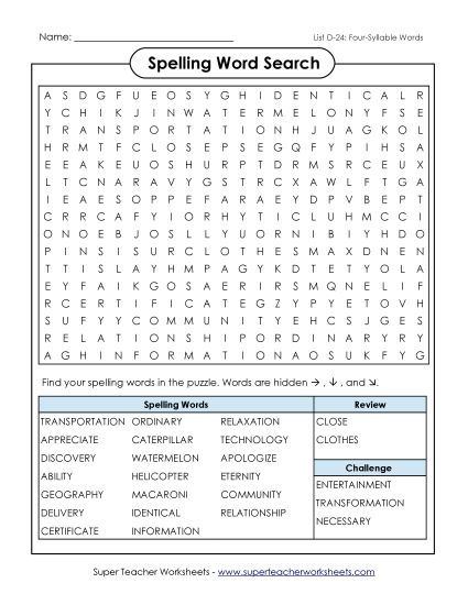 Worksheets - Word Search Puzzle (D-24) (Printable PDF Worksheet)