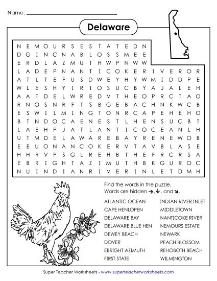 Puzzles - Word Search Puzzle: Delaware (Printable PDF Worksheet)