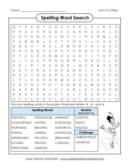 Printable Worksheets - Word Search Puzzle (E-13) (Printable PDF Worksheet)