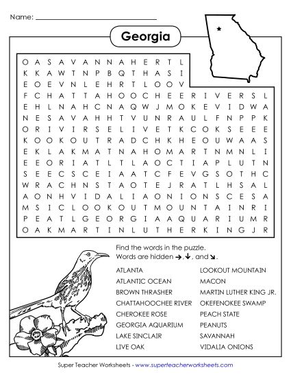 Puzzles - Word Search Puzzle: Georgia (Printable PDF Worksheet)