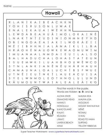 Puzzles - Word Search Puzzle: Hawaii (Printable PDF Worksheet)