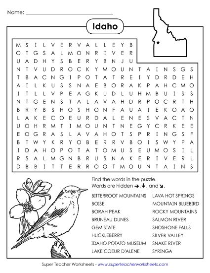 Puzzles - Word Search Puzzle: Idaho (Printable PDF Worksheet)