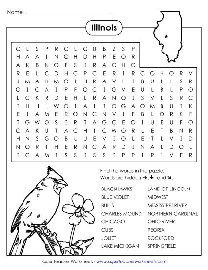Puzzles - Word Search Puzzle: Illinois (Printable PDF Worksheet)
