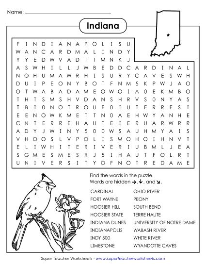 Puzzles - Word Search Puzzle: Indiana (Printable PDF Worksheet)