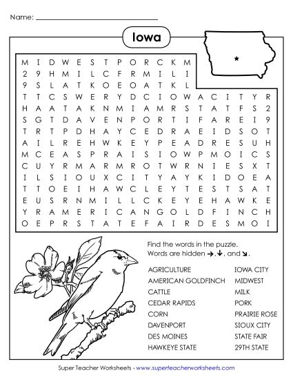 Puzzles - Word Search Puzzle: Iowa (Printable PDF Worksheet)