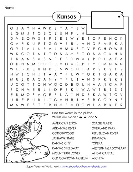 Puzzles - Word Search Puzzle: Kansas (Printable PDF Worksheet)