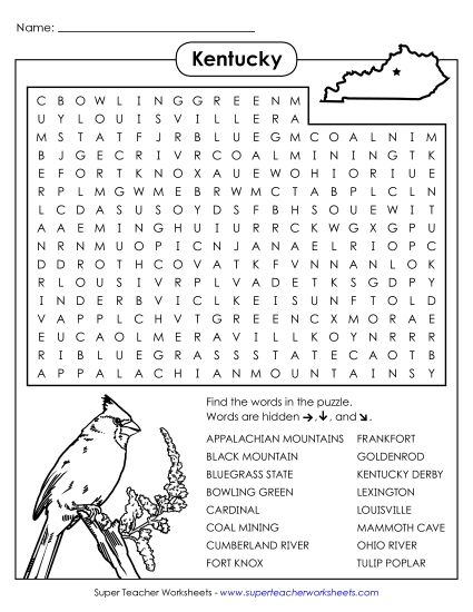 Puzzles - Word Search Puzzle: Kentucky (Printable PDF Worksheet)
