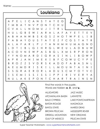 Puzzles - Word Search Puzzle: Louisiana (Printable PDF Worksheet)
