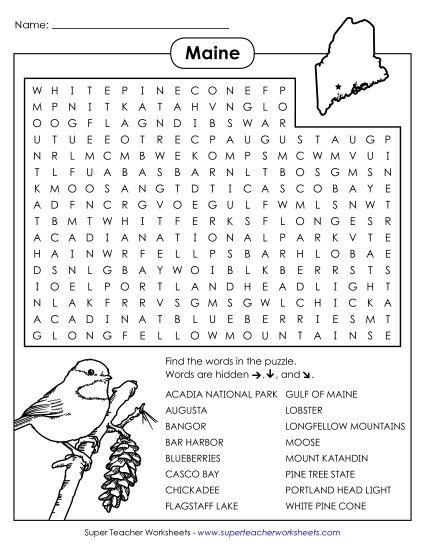 Puzzles - Word Search Puzzle: Maine (Printable PDF Worksheet)
