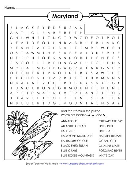Puzzles - Word Search Puzzle: Maryland (Printable PDF Worksheet)