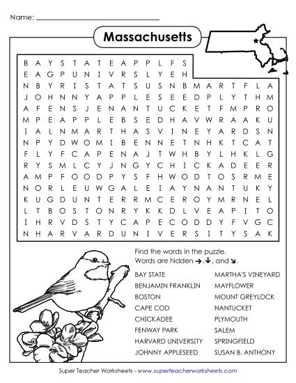 Puzzles - Word Search Puzzle: Massachusetts (Printable PDF Worksheet)
