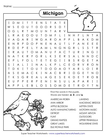 Puzzles - Word Search Puzzle: Michigan (Printable PDF Worksheet)