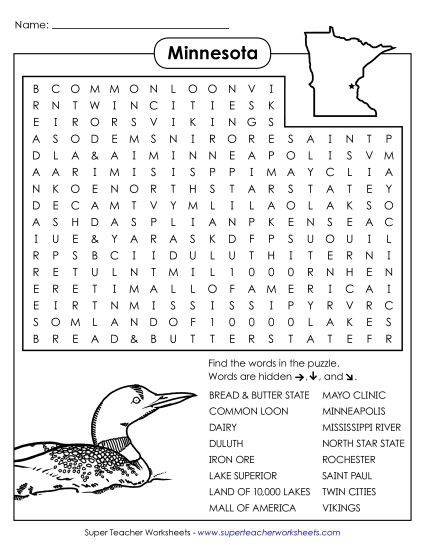 Puzzles - Word Search Puzzle: Minnesota (Printable PDF Worksheet)