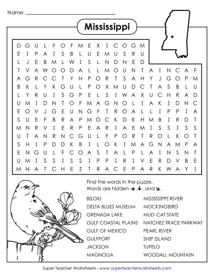 Puzzles - Word Search Puzzle: Mississippi (Printable PDF Worksheet)