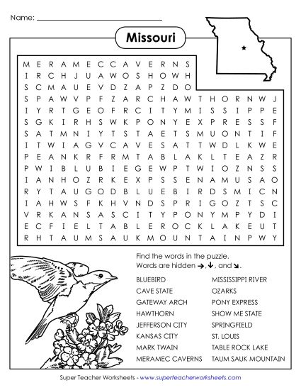 Puzzles - Word Search Puzzle: Missouri (Printable PDF Worksheet)