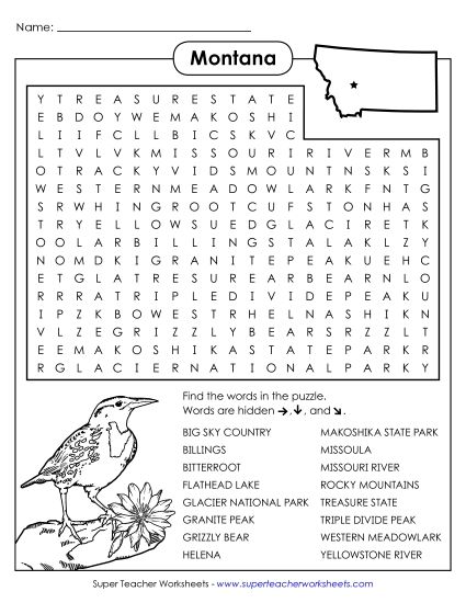 Puzzles - Word Search Puzzle: Montana (Printable PDF Worksheet)