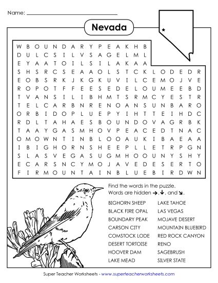 Puzzles - Word Search Puzzle: Nevada (Printable PDF Worksheet)