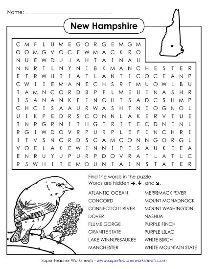 Puzzles - Word Search Puzzle: New Hampshire (Printable PDF Worksheet)