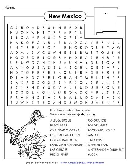 Puzzles - Word Search Puzzle: New Mexico (Printable PDF Worksheet)