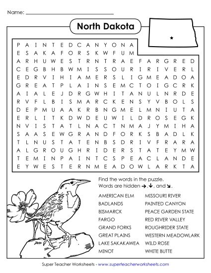 Puzzles - Word Search Puzzle: North Dakota (Printable PDF Worksheet)