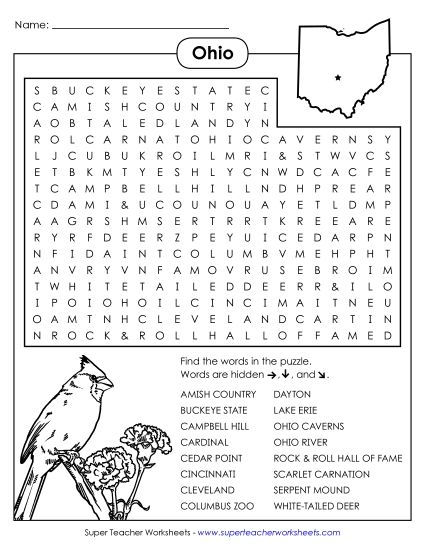 Puzzles - Word Search Puzzle: Ohio (Printable PDF Worksheet)
