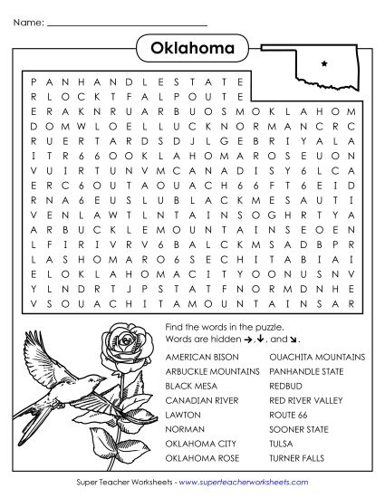 Puzzles - Word Search Puzzle: Oklahoma (Printable PDF Worksheet)