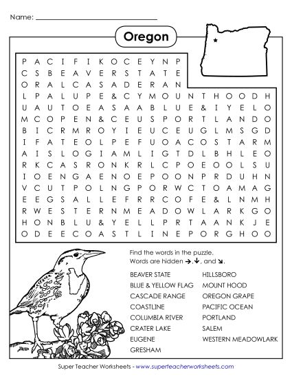 Puzzles - Word Search Puzzle: Oregon (Printable PDF Worksheet)
