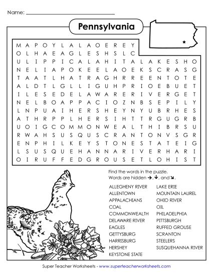 Puzzles - Word Search Puzzle: Pennsylvania (Printable PDF Worksheet)