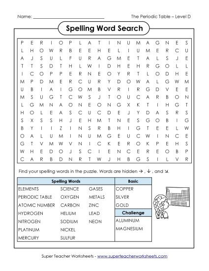 Worksheets and Activities  - Word Search Puzzle: Periodic Table Theme (Printable PDF Worksheet)