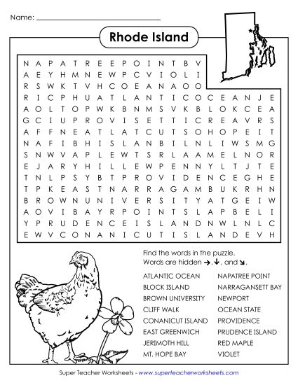 Puzzles - Word Search Puzzle: Rhode Island (Printable PDF Worksheet)