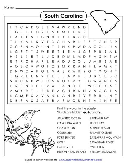 Puzzles - Word Search Puzzle: South Carolina (Printable PDF Worksheet)