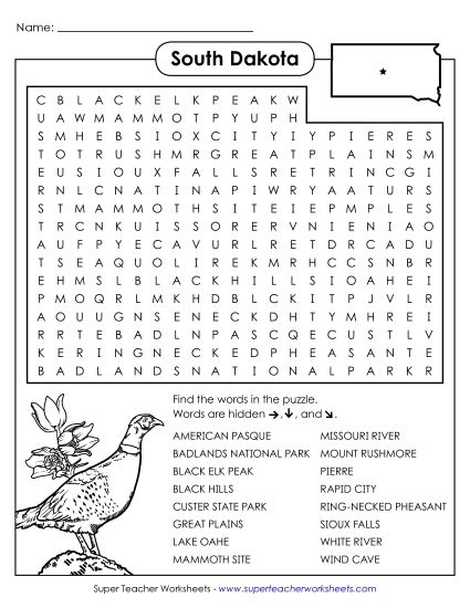 Puzzles - Word Search Puzzle: South Dakota (Printable PDF Worksheet)