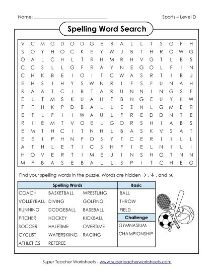 Worksheets and Activities - Word Search Puzzle: Sports Theme (Printable PDF Worksheet)