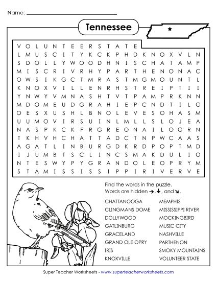 Puzzles - Word Search Puzzle: Tennessee (Printable PDF Worksheet)