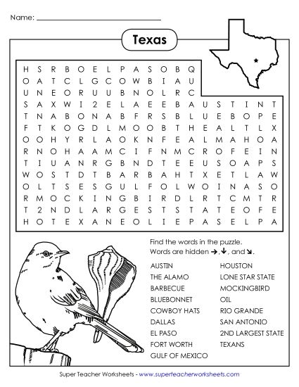 Puzzles - Word Search Puzzle: Texas (Printable PDF Worksheet)
