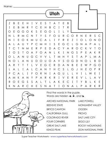 Puzzles - Word Search Puzzle: Utah (Printable PDF Worksheet)