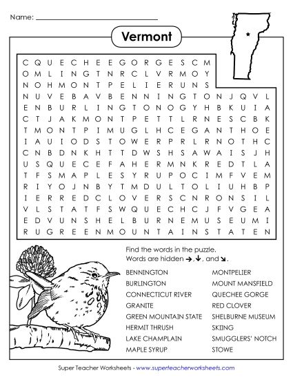 Puzzles - Word Search Puzzle: Vermont (Printable PDF Worksheet)
