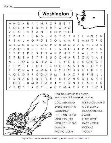 Puzzles - Word Search Puzzle: Washington (Printable PDF Worksheet)