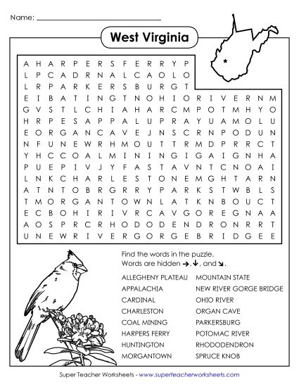 Puzzles - Word Search Puzzle: West Virginia (Printable PDF Worksheet)