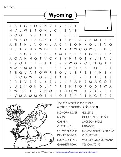 Puzzles - Word Search Puzzle: Wyoming (Printable PDF Worksheet)