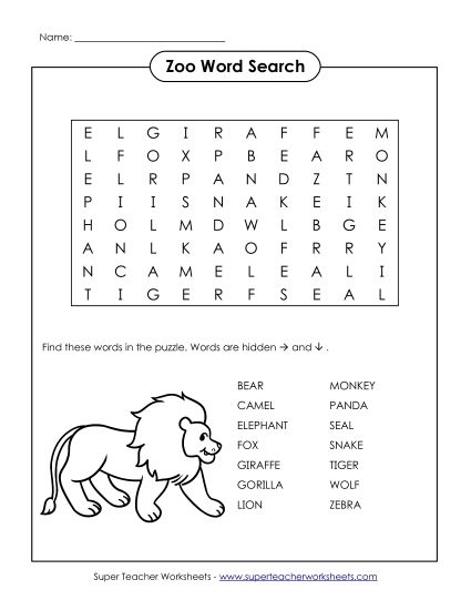 Zoo Activities - Word Search Puzzle: Zoo Theme (Printable PDF Worksheet)