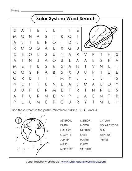 Projects and Activities - Word Search - Solar System (Printable PDF Worksheet)