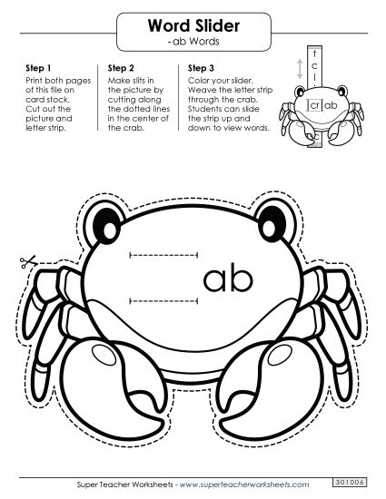 Word Slider, Flash Cards, and Word Wheel - Word Slider (-ab Words) (Printable PDF Worksheet)