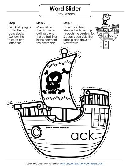 Word Slider, Flashcards, and Word Wheel - Word Slider (-ack Words) (Printable PDF Worksheet)