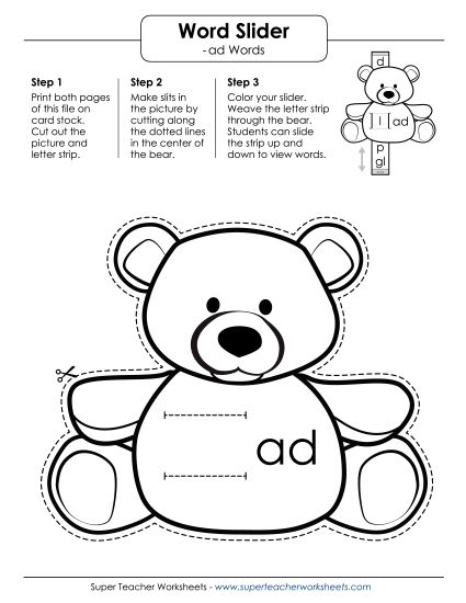 Word Slider, Flashcards, and Word Wheel - Word Slider (-ad Words) (Printable PDF Worksheet)