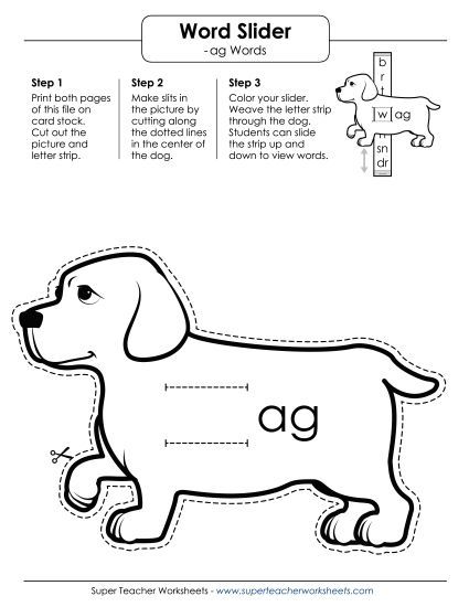 Word Slider, Flashcards, and Word Wheel - Word Slider (-ag Words) (Printable PDF Worksheet)