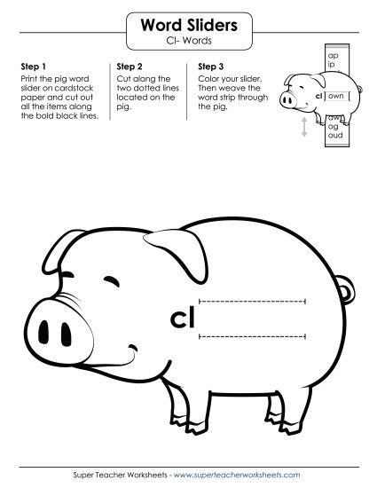 Flashcards, Sliders, and Word Wheels - Word Slider (Cl- Words)  (Printable PDF Worksheet)